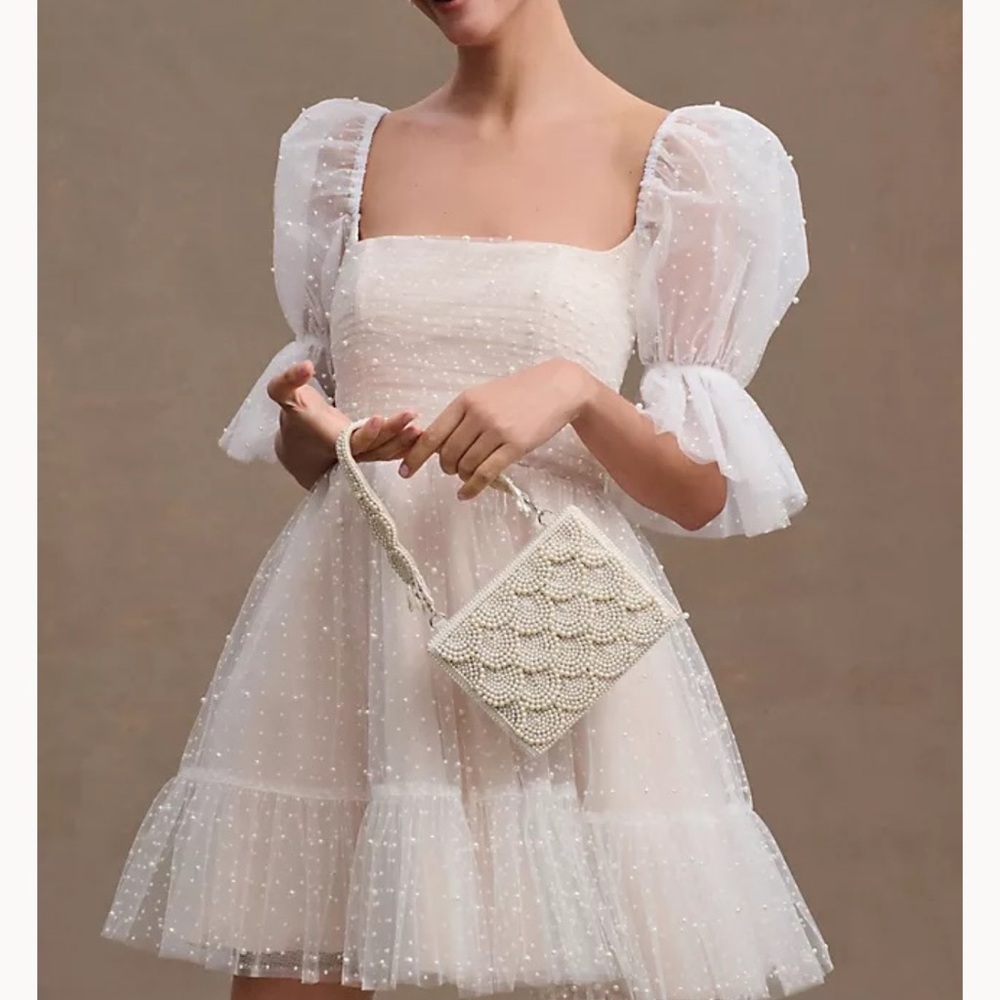 By Watters Squared Neck Puff Sleeve Embellished Mini Dress
